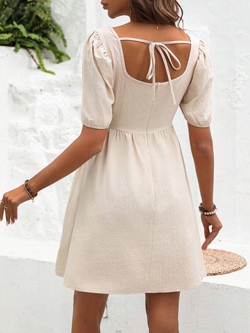 Women's Solid Color Square Neck Short Puff Sleeve Dress
