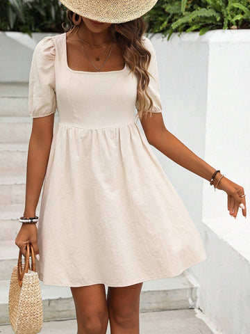 Women's Solid Color Square Neck Short Puff Sleeve Dress