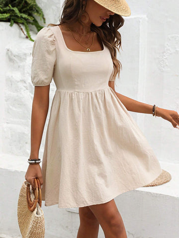 Women's Solid Color Square Neck Short Puff Sleeve Dress