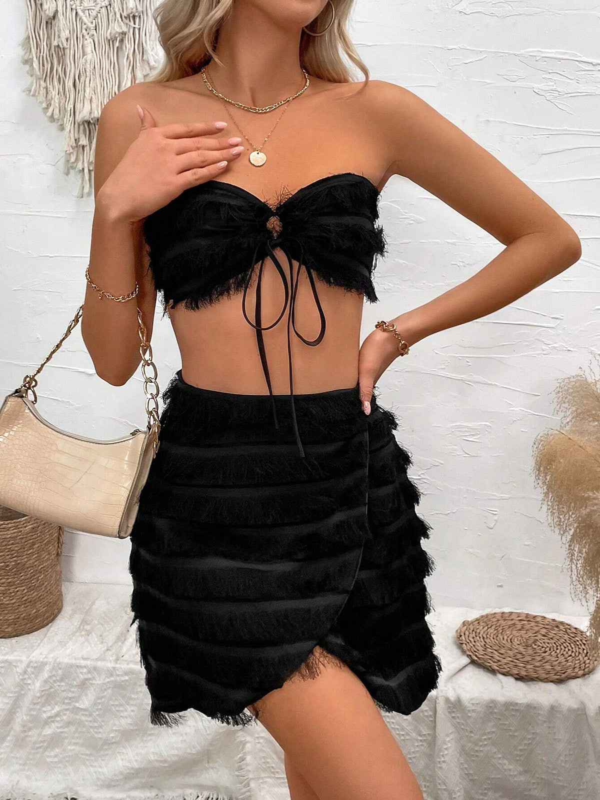 Women's Solid Color Strapless Crop Top And High Waist Skirt Set