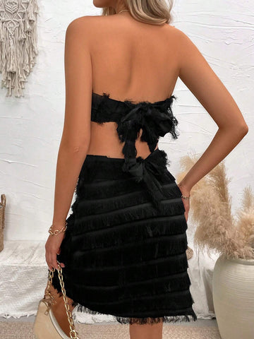 Women's Solid Color Strapless Crop Top And High Waist Skirt Set