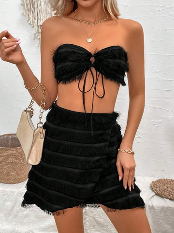 Women's Solid Color Strapless Crop Top And High Waist Skirt Set