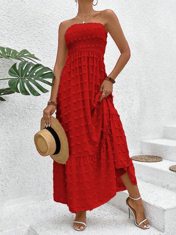 Women's Solid Color Strapless Ruffle Hem Sleeveless Dress, Summer