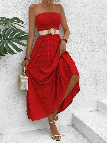 Women's Solid Color Strapless Ruffle Hem Sleeveless Dress, Summer