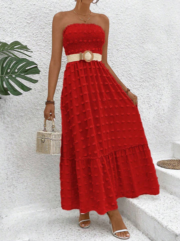 Women's Solid Color Strapless Ruffle Hem Sleeveless Dress, Summer