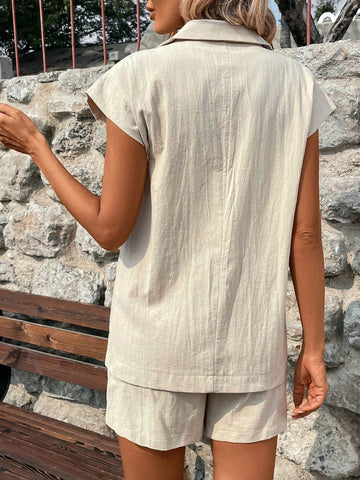 Women's Solid Color Suit Collar Shirt And Shorts Set