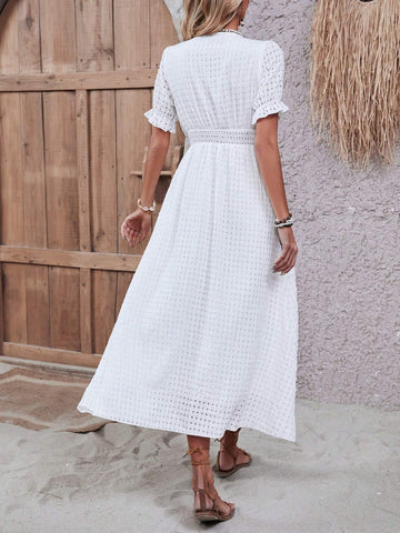Women's Solid Color V-Neck Short Puff Sleeve Split Hem Dress