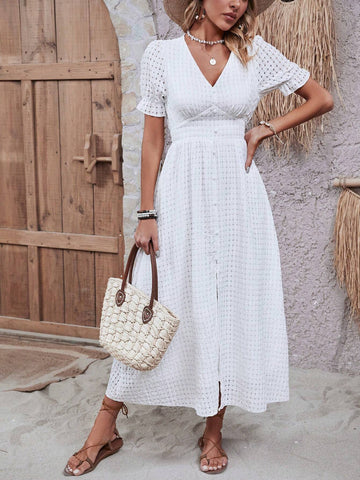 Women's Solid Color V-Neck Short Puff Sleeve Split Hem Dress
