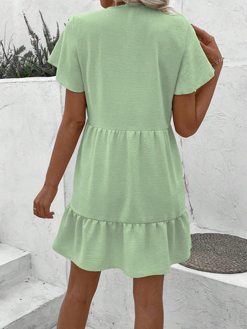 Women's Solid Color V-Neck Short Sleeve Ruffle Hem Summer Dress