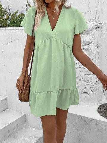 Women's Solid Color V-Neck Short Sleeve Ruffle Hem Summer Dress