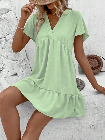 Women's Solid Color V-Neck Short Sleeve Ruffle Hem Summer Dress