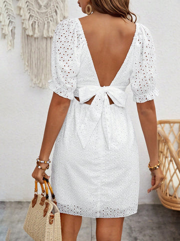 VCAY Women's Square Neck Puff Short Sleeve Mesh Embroidered Dress