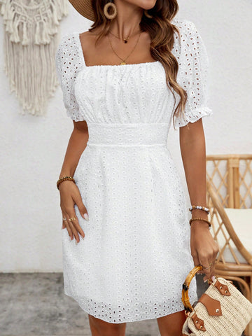 VCAY Women's Square Neck Puff Short Sleeve Mesh Embroidered Dress