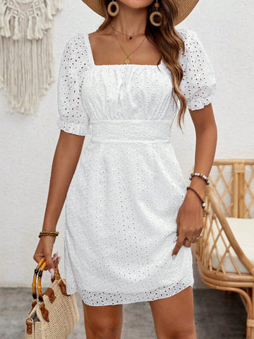 VCAY Women's Square Neck Puff Short Sleeve Mesh Embroidered Dress