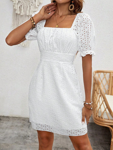VCAY Women's Square Neck Puff Short Sleeve Mesh Embroidered Dress