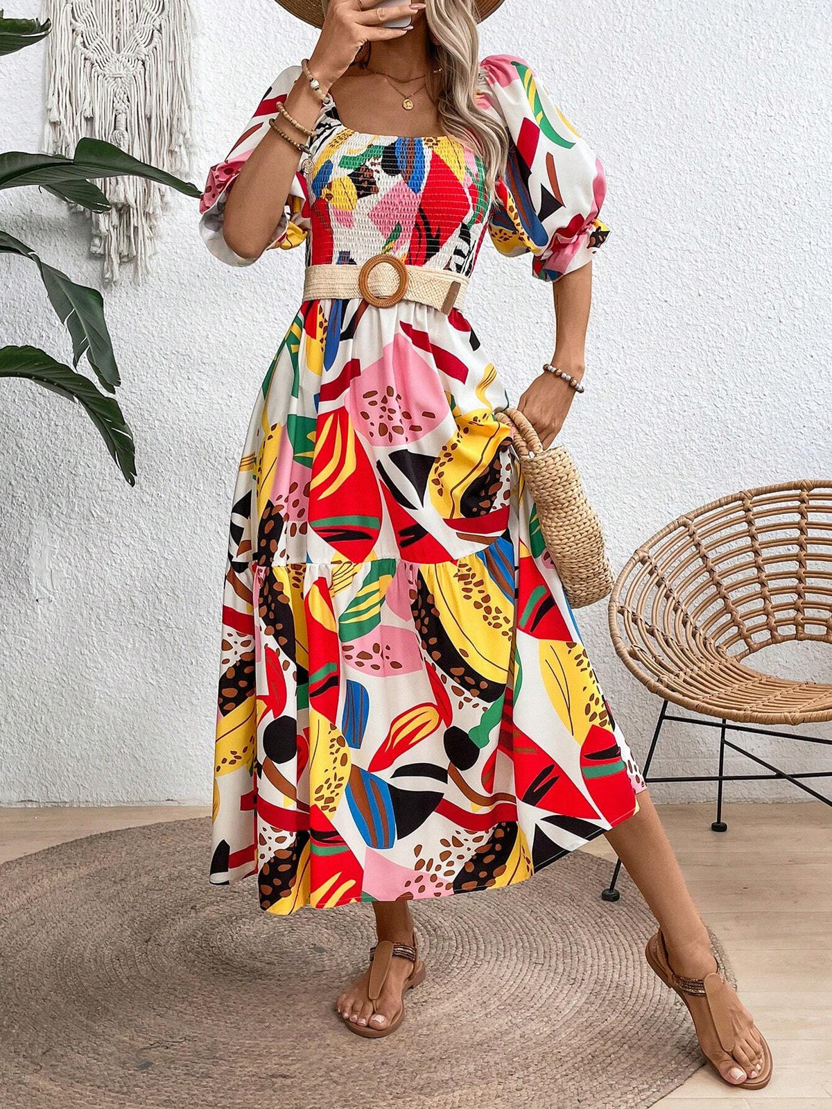 Women's Square Neckline Print Tiered Hem Ruffle Dress, Perfect For Summer Vacation