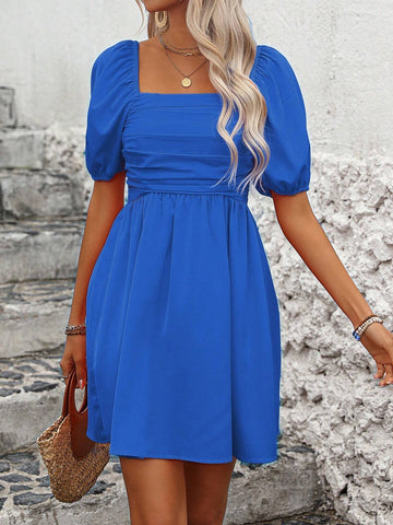 Women's Square Neckline Solid Color Puff Sleeve Pleated Summer Short Sleeve Dress
