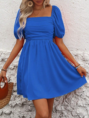 Women's Square Neckline Solid Color Puff Sleeve Pleated Summer Short Sleeve Dress