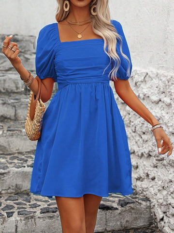 Women's Square Neckline Solid Color Puff Sleeve Pleated Summer Short Sleeve Dress