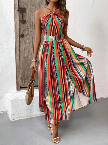 Women's Striped Halter Neck Sleeveless Dress