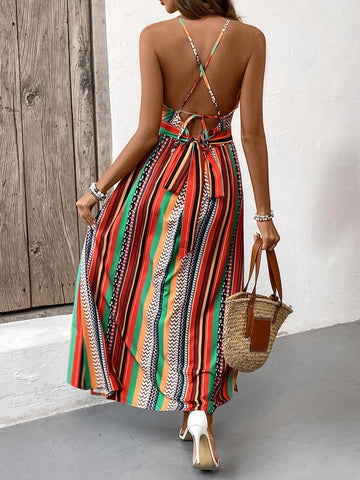 Women's Striped Halter Neck Sleeveless Dress
