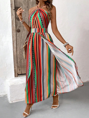 Women's Striped Halter Neck Sleeveless Dress