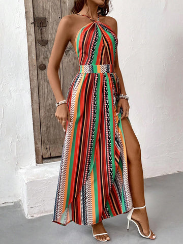 Women's Striped Halter Neck Sleeveless Dress