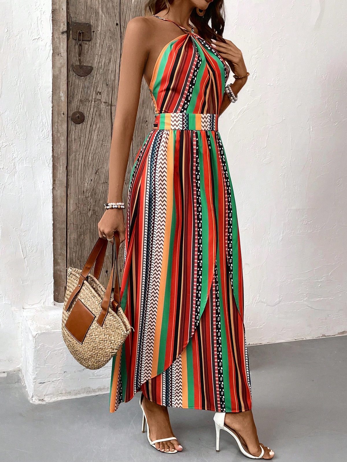 Women's Striped Halter Neck Sleeveless Dress