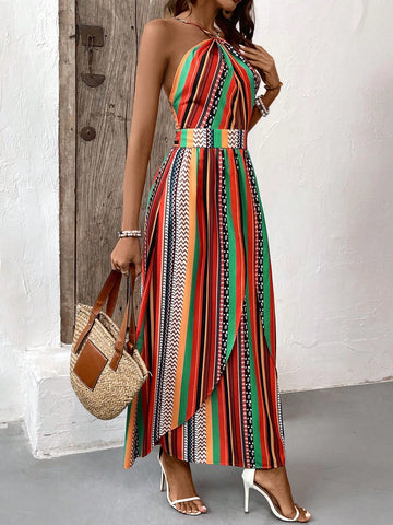 Women's Striped Halter Neck Sleeveless Dress