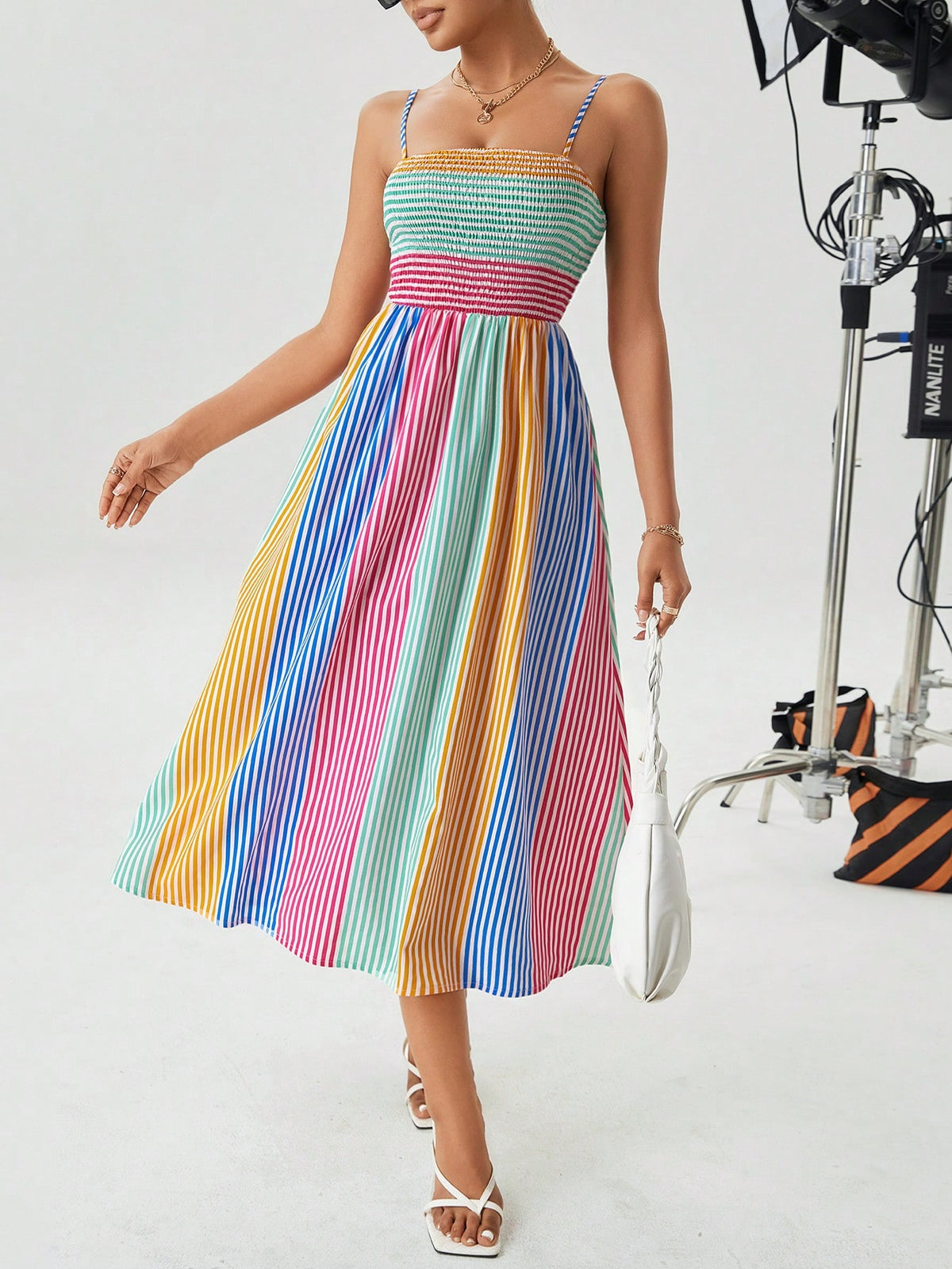 Women's Striped Shirred Spaghetti Strap Dress