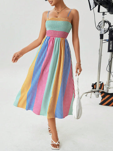 Women's Striped Shirred Spaghetti Strap Dress