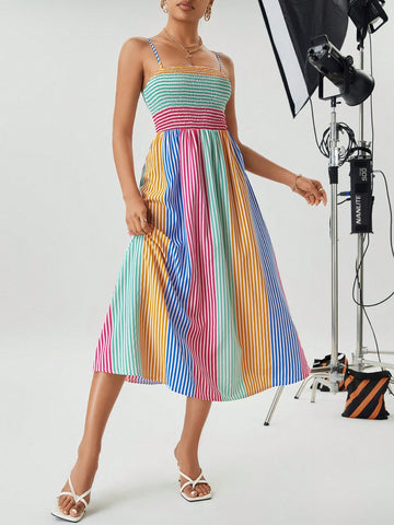 Women's Striped Shirred Spaghetti Strap Dress