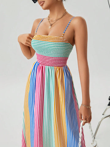 Women's Striped Shirred Spaghetti Strap Dress
