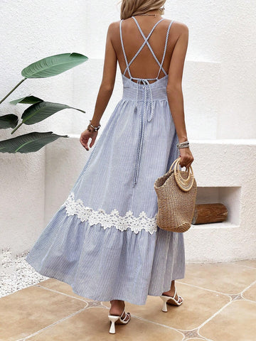 Women's Striped Splice Lace Cami Dress