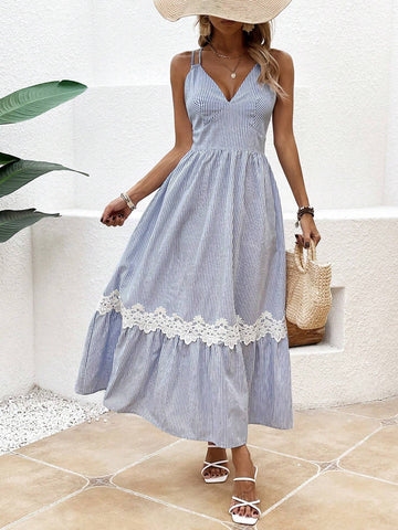 Women's Striped Splice Lace Cami Dress