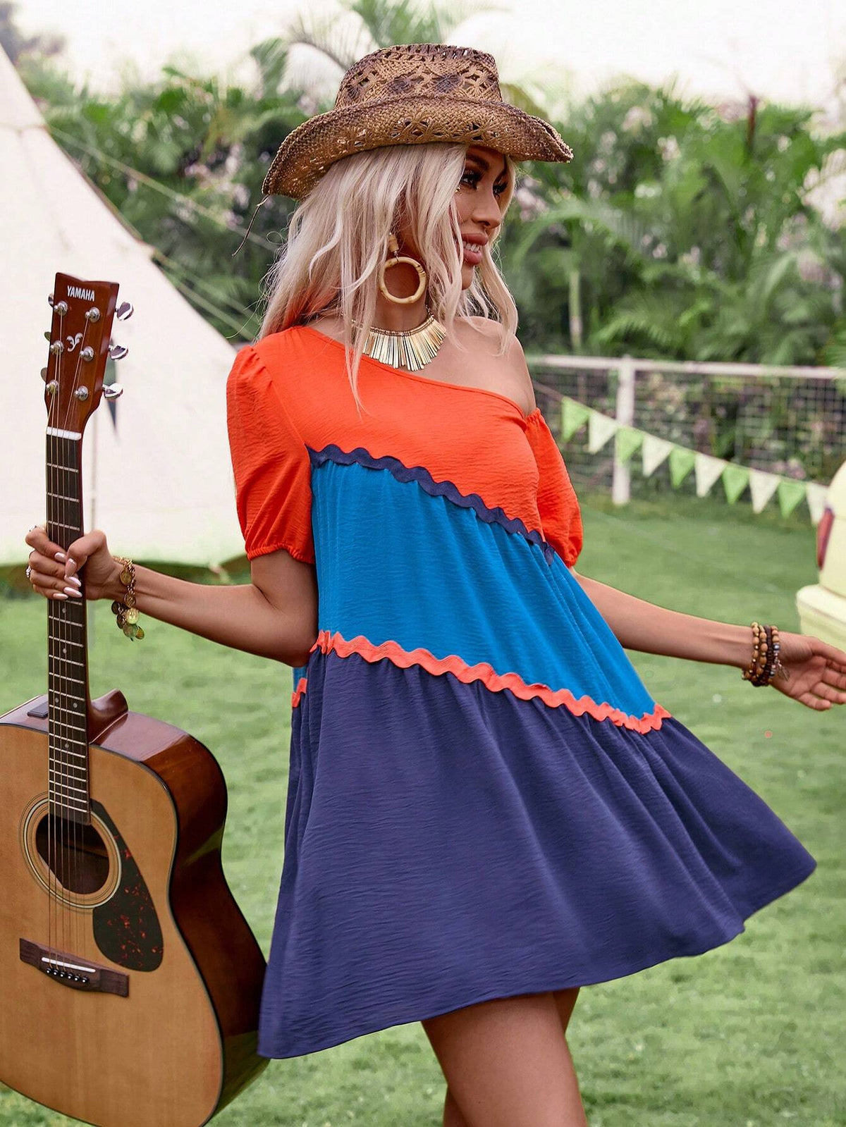Women's Summer Asymmetrical Collar Color Block Short Sleeve Dress