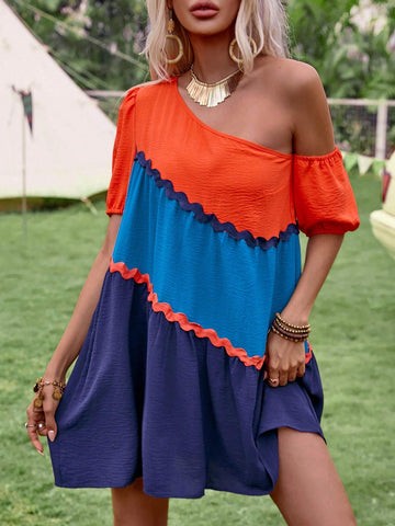 Women's Summer Asymmetrical Collar Color Block Short Sleeve Dress