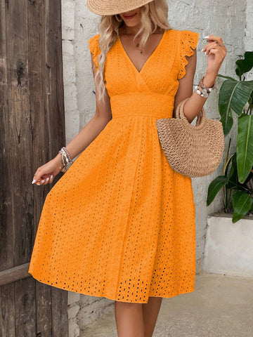 Women's Summer Embroidered Hollow Out Shirred High Waist Vacation & Casual Dress