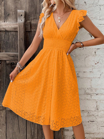 Women's Summer Embroidered Hollow Out Shirred High Waist Vacation & Casual Dress