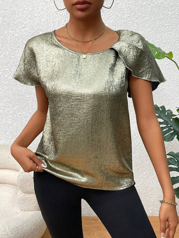 VCAY Women's Summer Fashion Asymmetrical Short Sleeve Shirt With Metallic Finish