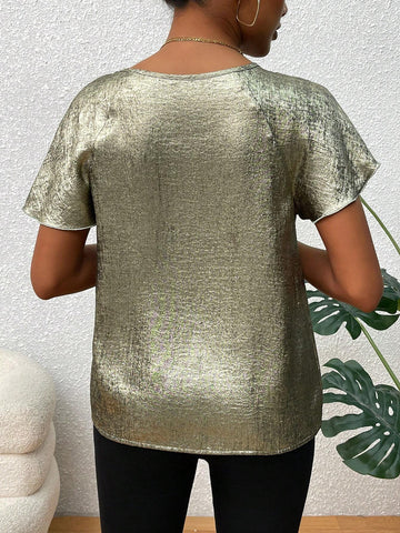 VCAY Women's Summer Fashion Asymmetrical Short Sleeve Shirt With Metallic Finish