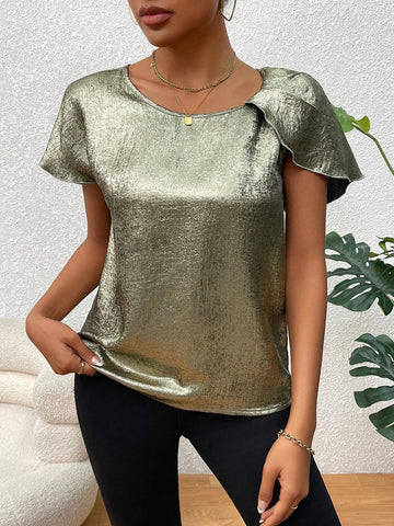 VCAY Women's Summer Fashion Asymmetrical Short Sleeve Shirt With Metallic Finish