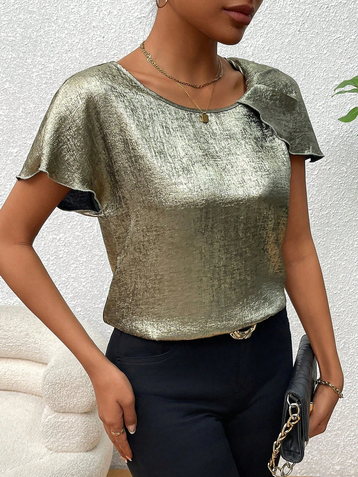 VCAY Women's Summer Fashion Asymmetrical Short Sleeve Shirt With Metallic Finish