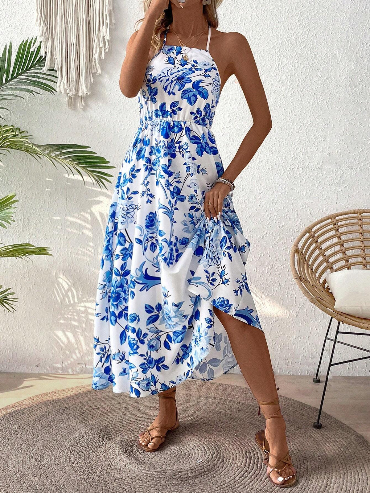 Women's Summer Floral Print Halter Neck Backless Dress