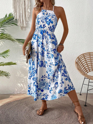 Women's Summer Floral Print Halter Neck Backless Dress