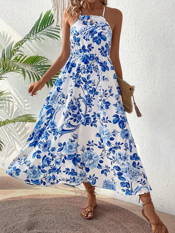 Women's Summer Floral Print Halter Neck Backless Dress