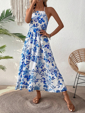 Women's Summer Floral Print Halter Neck Backless Dress