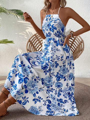 Women's Summer Floral Print Halter Neck Backless Dress