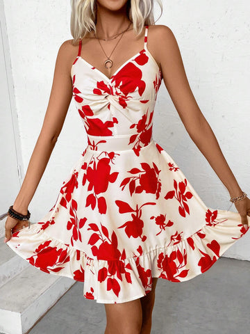 Women's Summer Floral Print Halter Neck Twist Front Maxi Dress