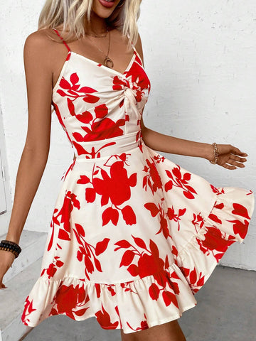 Women's Summer Floral Print Halter Neck Twist Front Maxi Dress